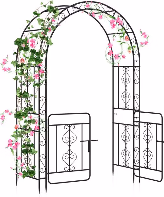 COSTWAY Classic Metal Garden Arbor with Gate in Black
