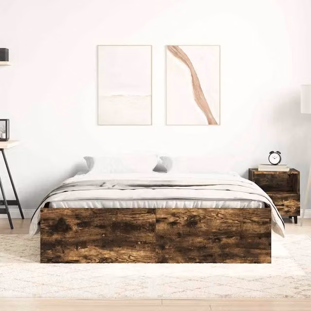 Berkfield Home Modern Bed Frame in Smoked Oak and Brown, W/D/H: 140 x 35 x 190 cm
