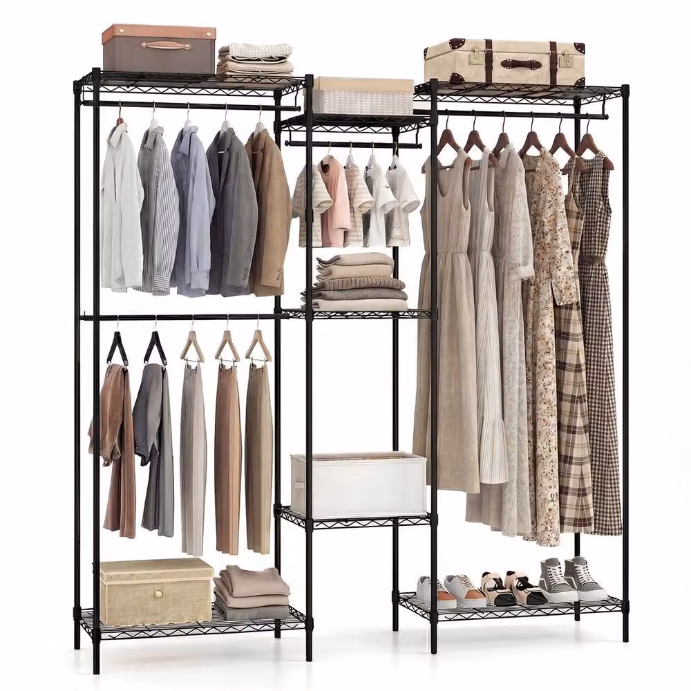 VOGREX Portable Convertible Clothes Wardrobe Organizer in Black with Adjustable Shelves and Hanging Rod – 3