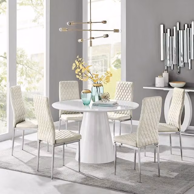 FurnitureboxUK Palma White High Gloss Round Dining Table and 6 Cream Velvet Milan Chairs