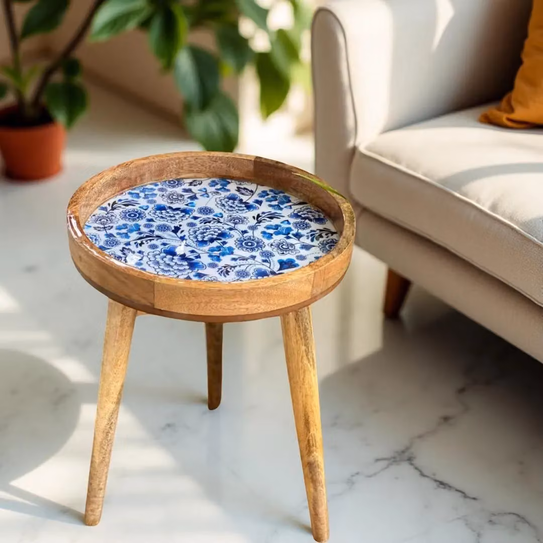 Hartsmede Mango Wood Round Side Table with Floral Enamel Resin Top in Beige, W/D/H: 36 x 36 x 47 cm – 2