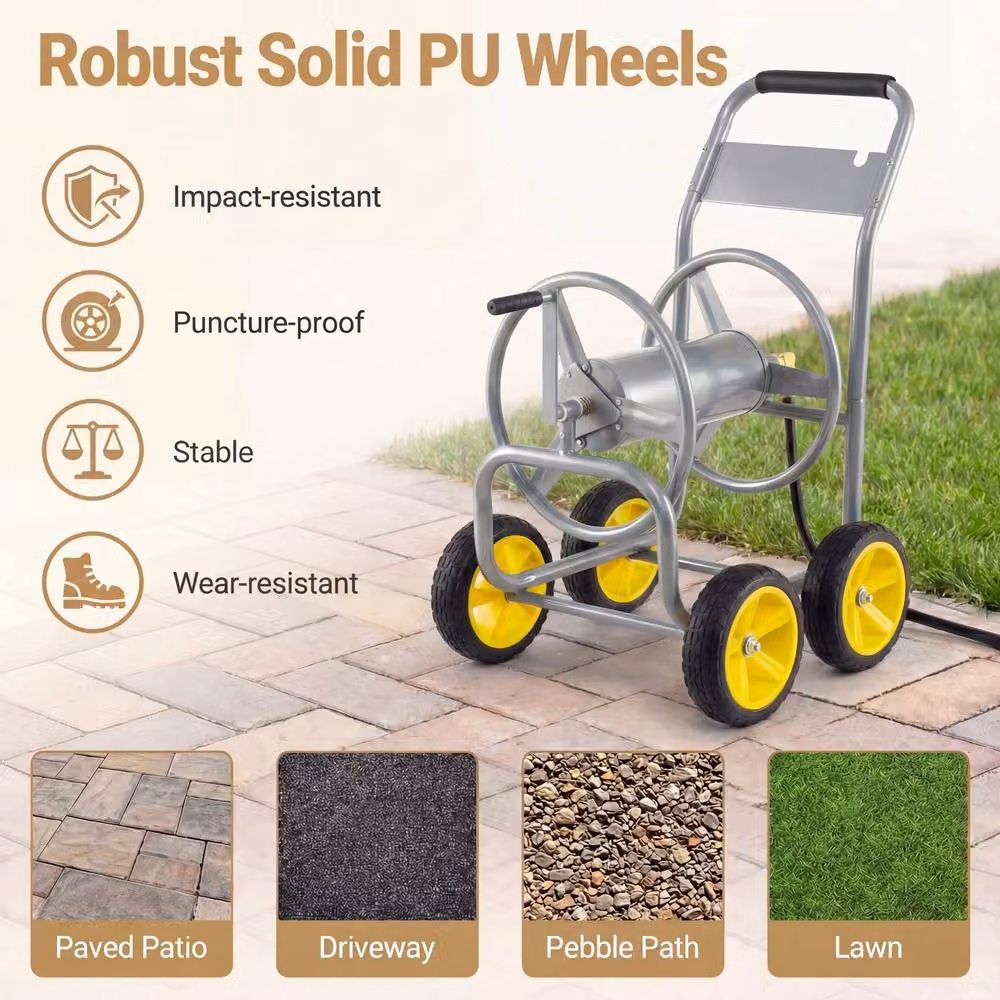 Costway Silver Metal 4-Wheel Garden Hose Reel Cart and Water Hose Organiser – 6