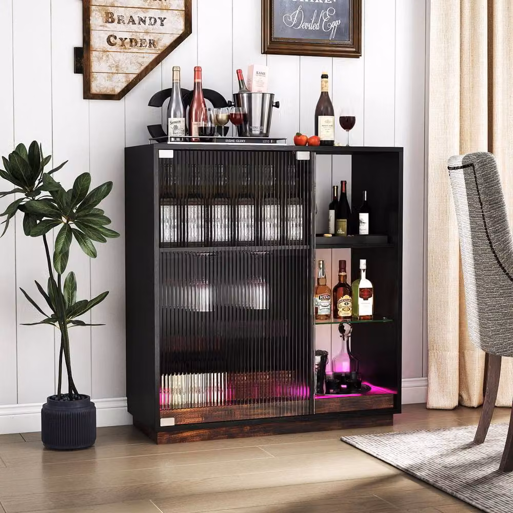Costway Modern Wine Bar Cabinet with Integrated LED Lights and Glass Doors in Black – 4