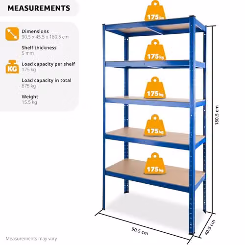 tectake Heavy-Duty 5-Tier Garage Shelving Unit with MDF Shelves, Blue, W/D/H: 180.5 x 90.5 x 40.5 cm – 2
