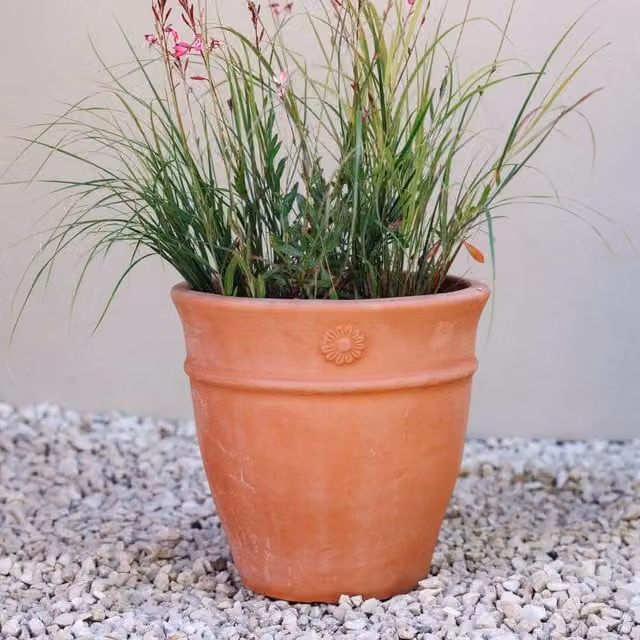 Primrose Round Terracotta Orange Planter with Ornate Flower Design, Diameter: 36 cm