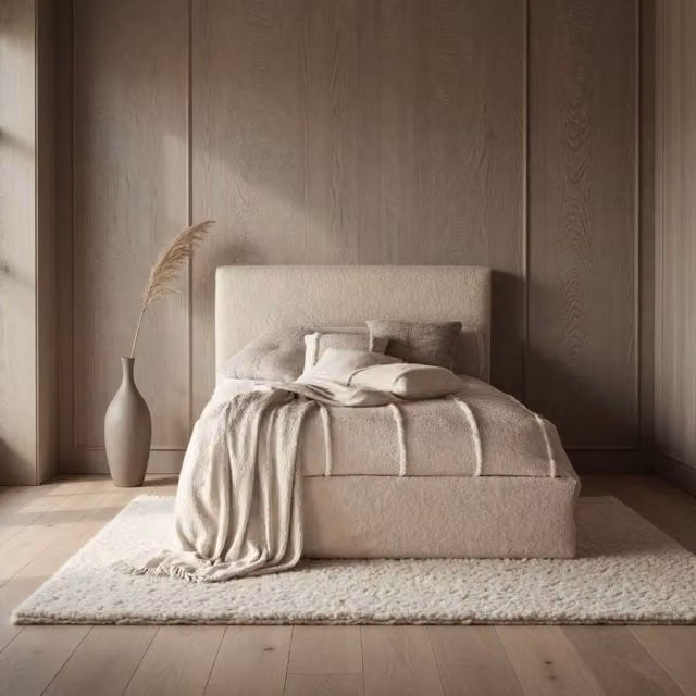 KDMD Beasley Boucle Upholstered Platform Mink Bed Frame in Beige, W/D/H: 140 x 200 cm