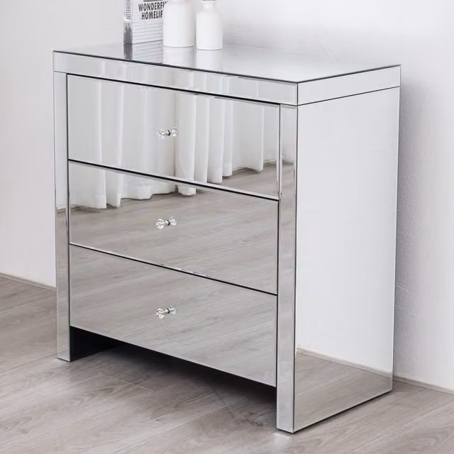 Comfy Living Silver Mirrored Chest of Drawers with Glossy Glass Top, Width: 82 cm