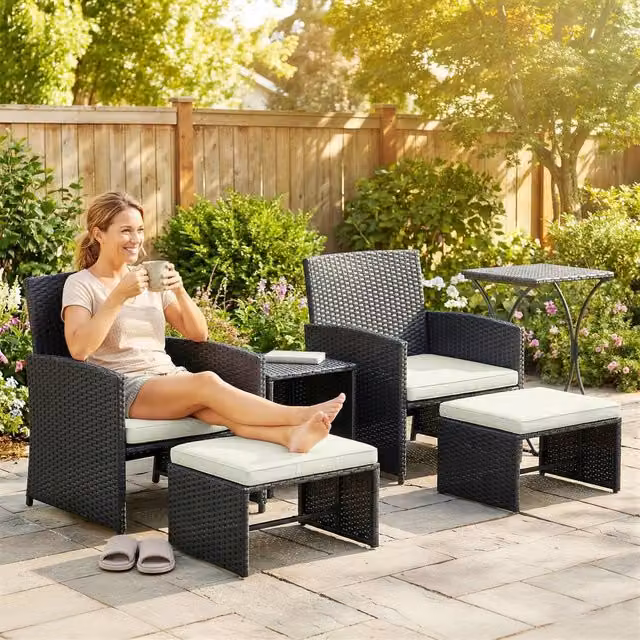 Outsunny 6 Piece L-Shape Rattan Garden Furniture Set with Upholstered Cushions and Coffee Table in Black – 10