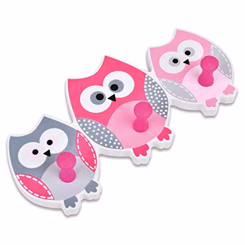 mysmartbuy 3 Owl Wall Mounted Hooks in Pink, Grey and White
