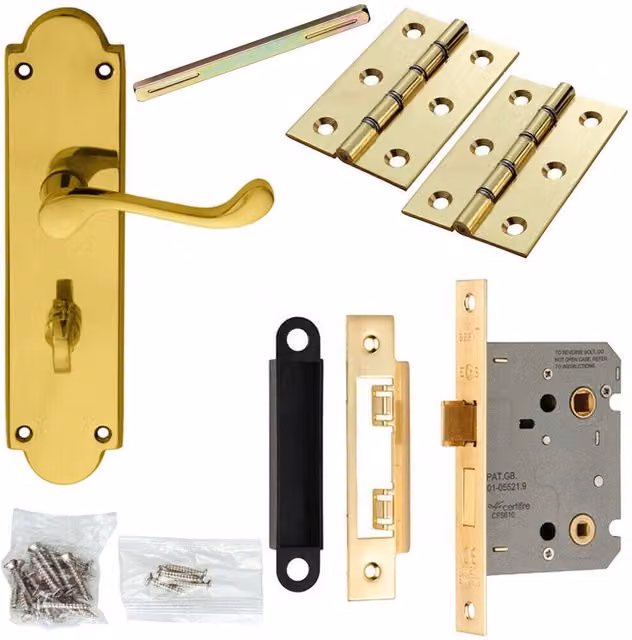 Loops Brass Victorian Scroll Ornate Backplate Door Handle and Bathroom Lock Pack in Gold – 1