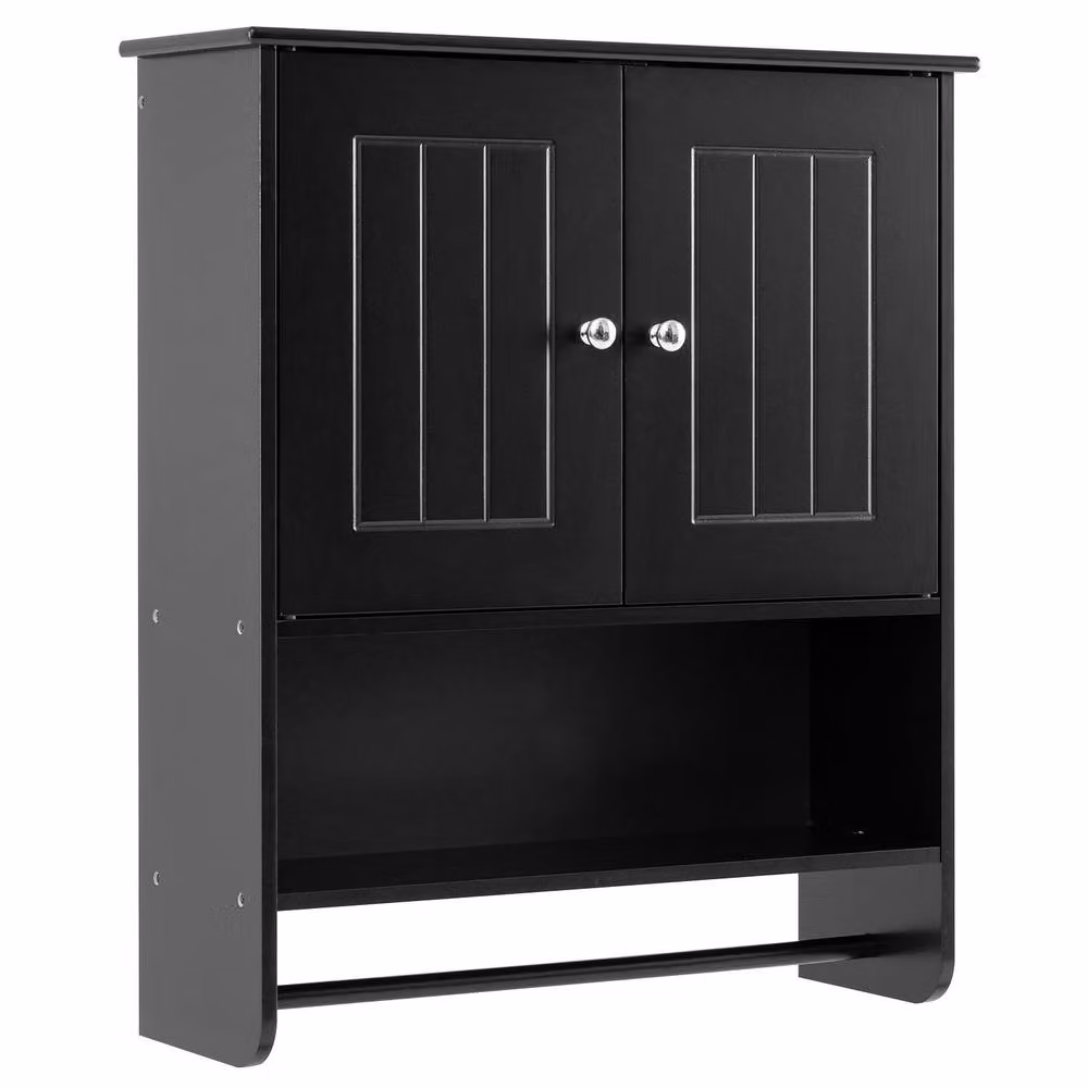 Costway Modern Black Wall Mounted Bathroom Cabinet with 2 Hinged Doors, Open Shelf and Internal Shelving – 7