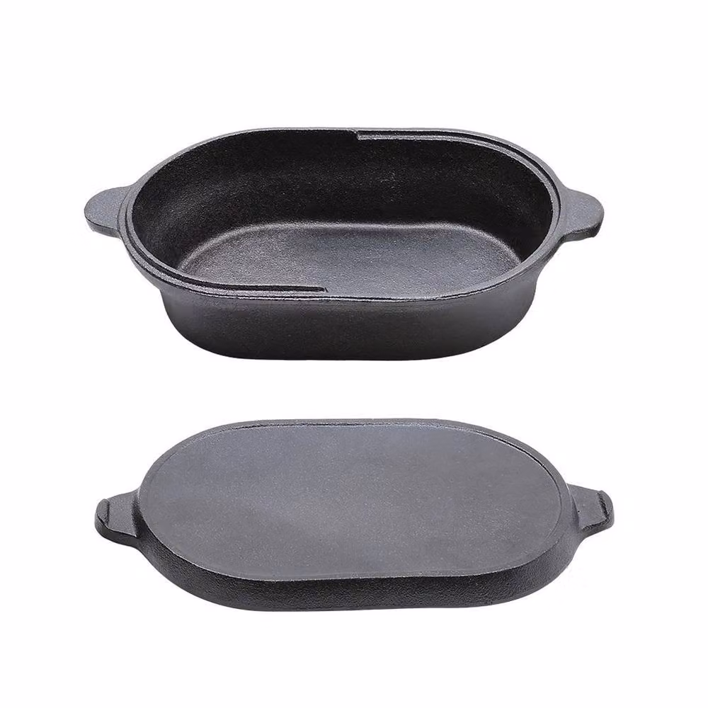 Kelvenix Pre-Seasoned Black Cast Iron Oval Braiser Casserole with Grill Lid – 5
