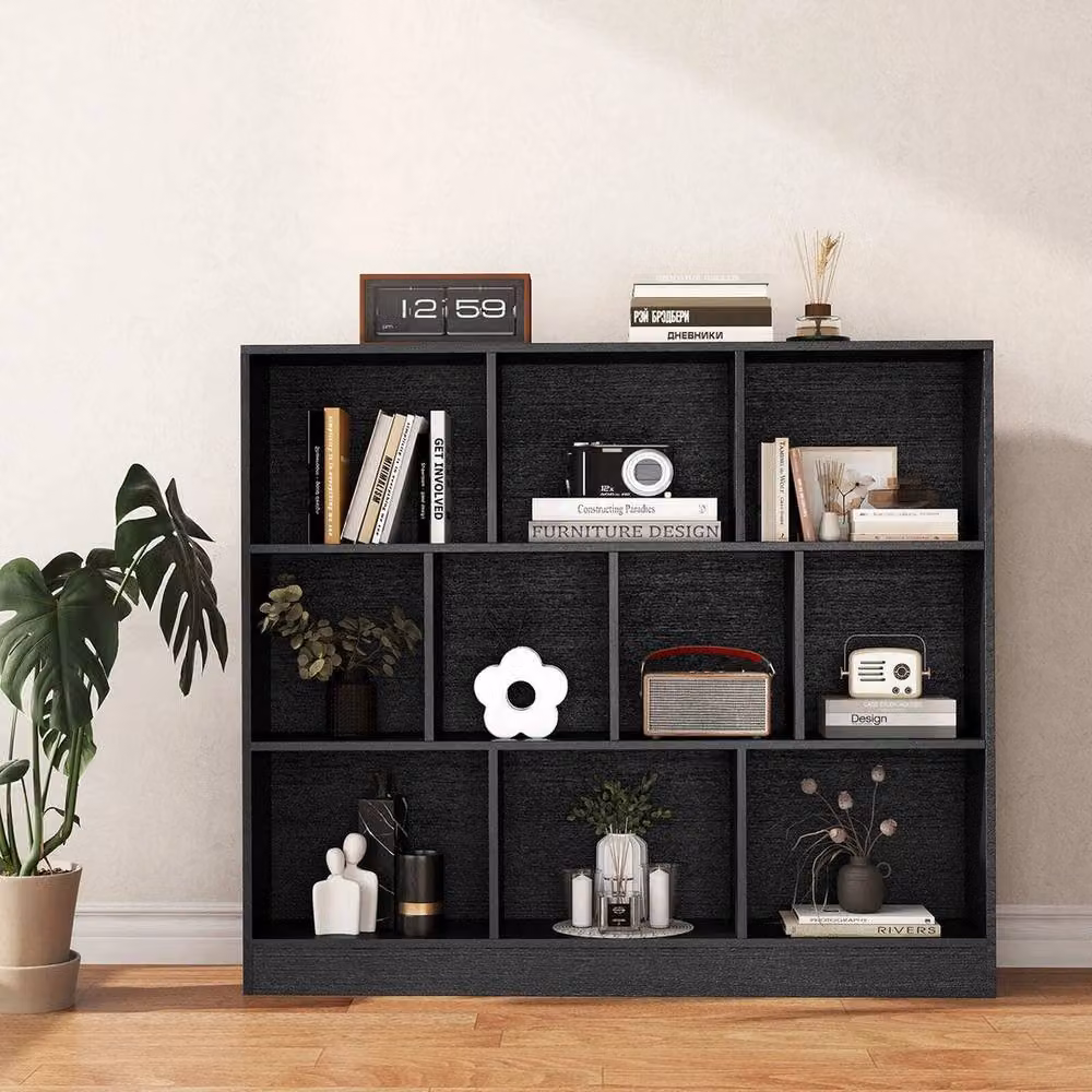 NESTLUNE Black Wood Display Shelf for your Living Room, W: 120 cm, D: 15 cm, H: 100 cm – 5