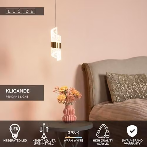 Lucide Kligande Adjustable LED Pendant Light in Gold/Brass and Yellow, Diameter: 13 cm – 2