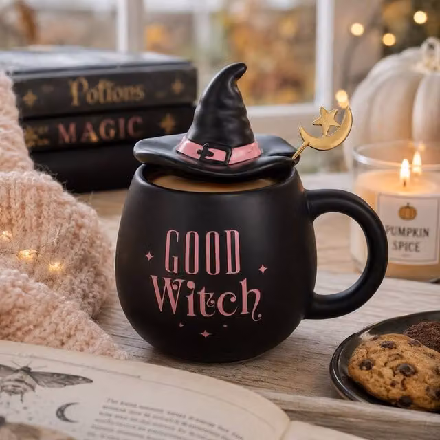 Marco Paul Good Witch Ceramic Lidded Mug with Spoon in Black and Gold, 450ml