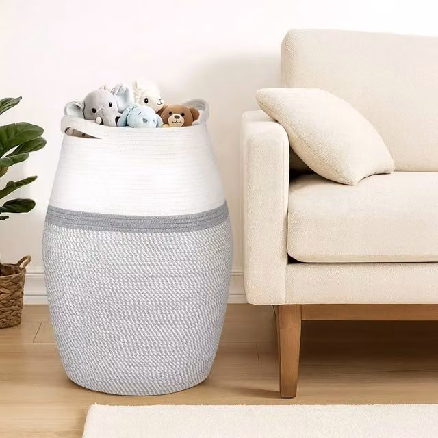 FORGEVIO 105L Laundry Basket in White and Grey with Cotton Fabric Lining, W: 37.0 cm, D: 33.0 cm, H: 63.0 cm