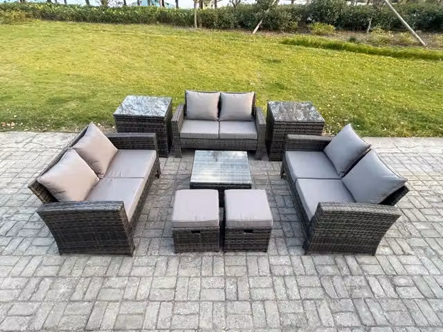 Fimous Outdoor Lounge Sofa Set in Dark Grey PE Rattan with Square Coffee Table, Double Seater Sofa and Two Footstools