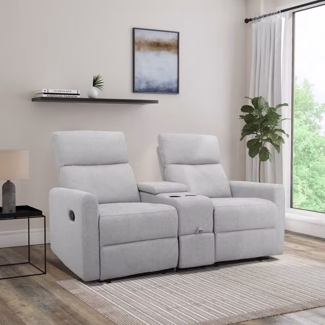 Dorel Daoulas Adjustable Double Recliner in Light Grey with Cup Holders and Adjustable Headrests