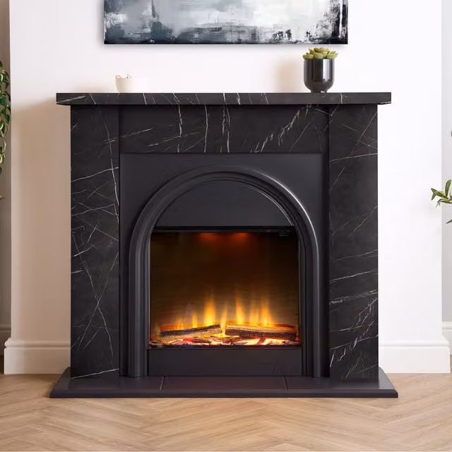 Adam Burlington Electric Fireplace Suite in Black Marble Effect - Black