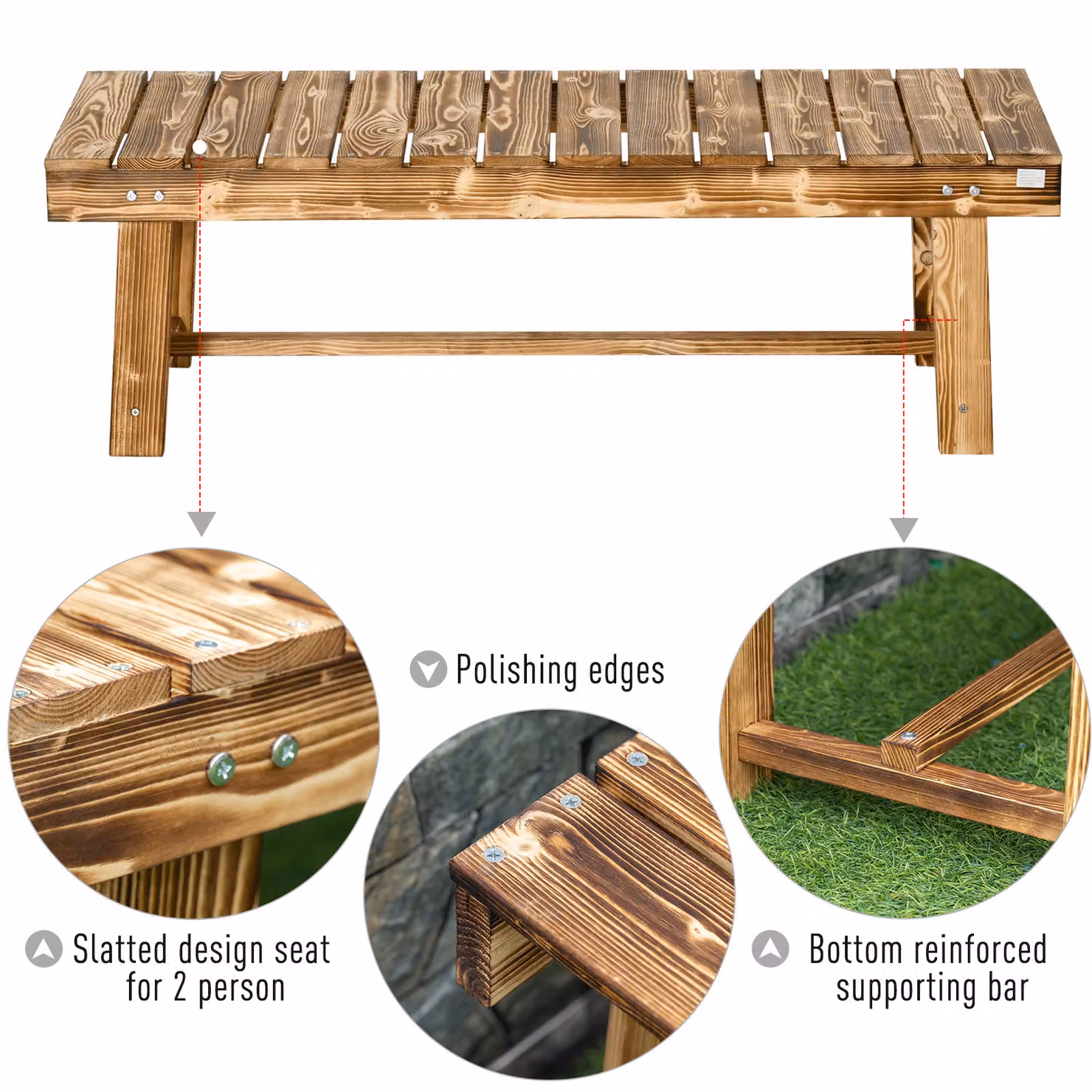 Outsunny Set of 3 Carbonised Fir Wooden 2-Seater Garden Benches in Brown, W/D/H: 110 x 38 x 35 cm – 4