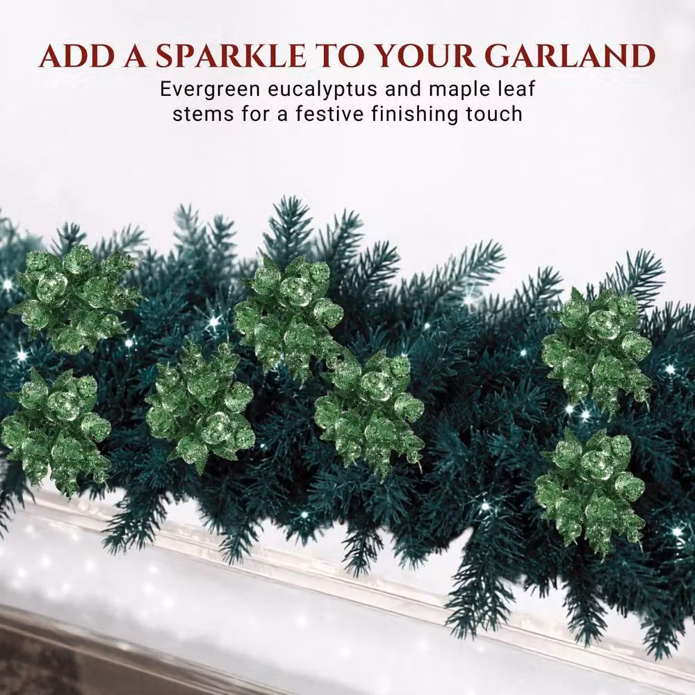 Shatchi 12 Pack Glitter Eucalyptus and Maple Leaf Picks in Mint Green, Height: 17 cm – 4