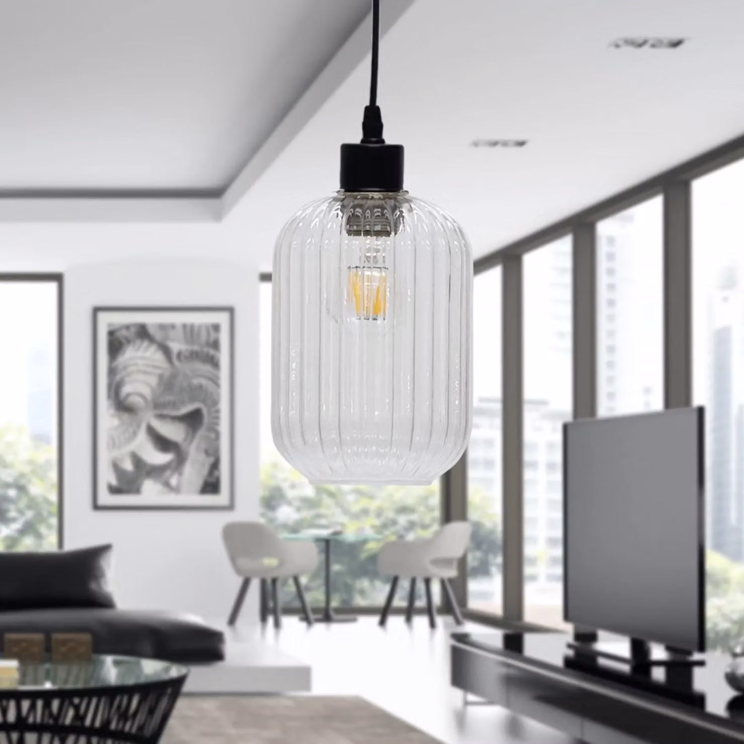 First Choice Lighting Batley Set of 2 Transparent Ribbed Glass Cylinder Easy Fit Pendant Shades – 2