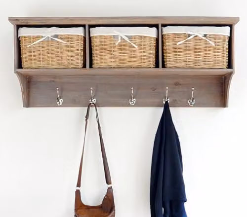 Tetbury Statement Furniture Acacia Wood Wall-Mounted Coat Rack with Storage Baskets and Hanging Shelf, W: 113 cm, H: 43 cm, D: 28 cm