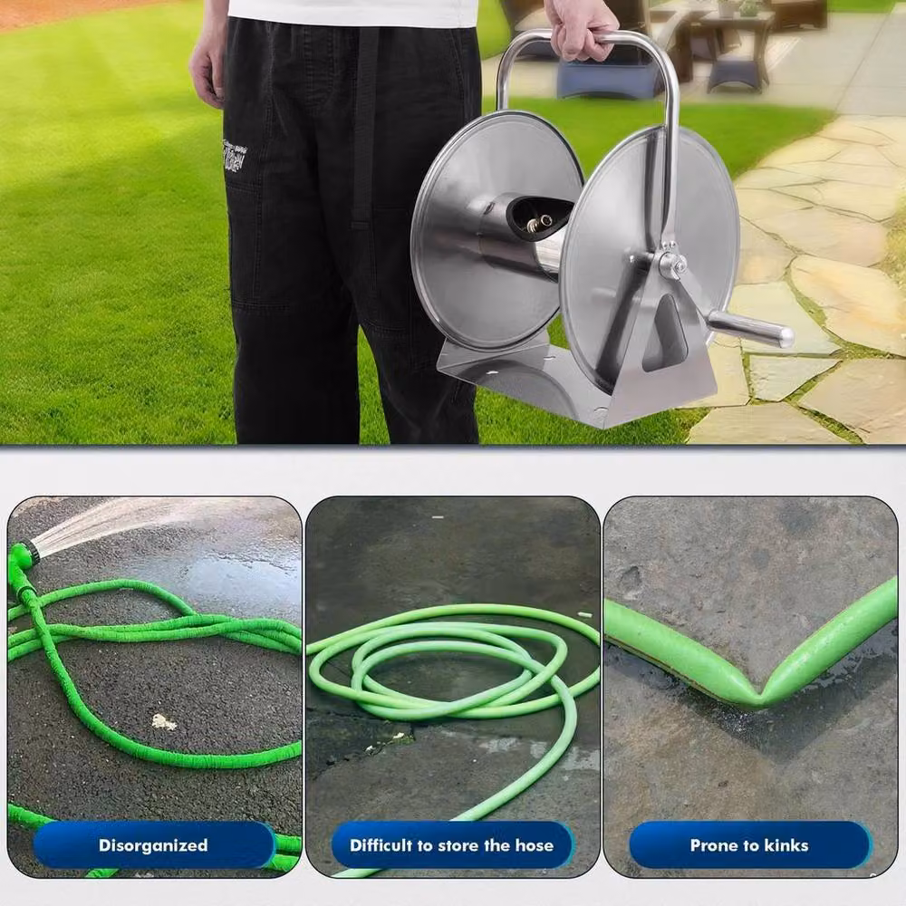 NESTLUNE Stainless Steel Wall Mounted Garden Hose Reel in Silver – 4