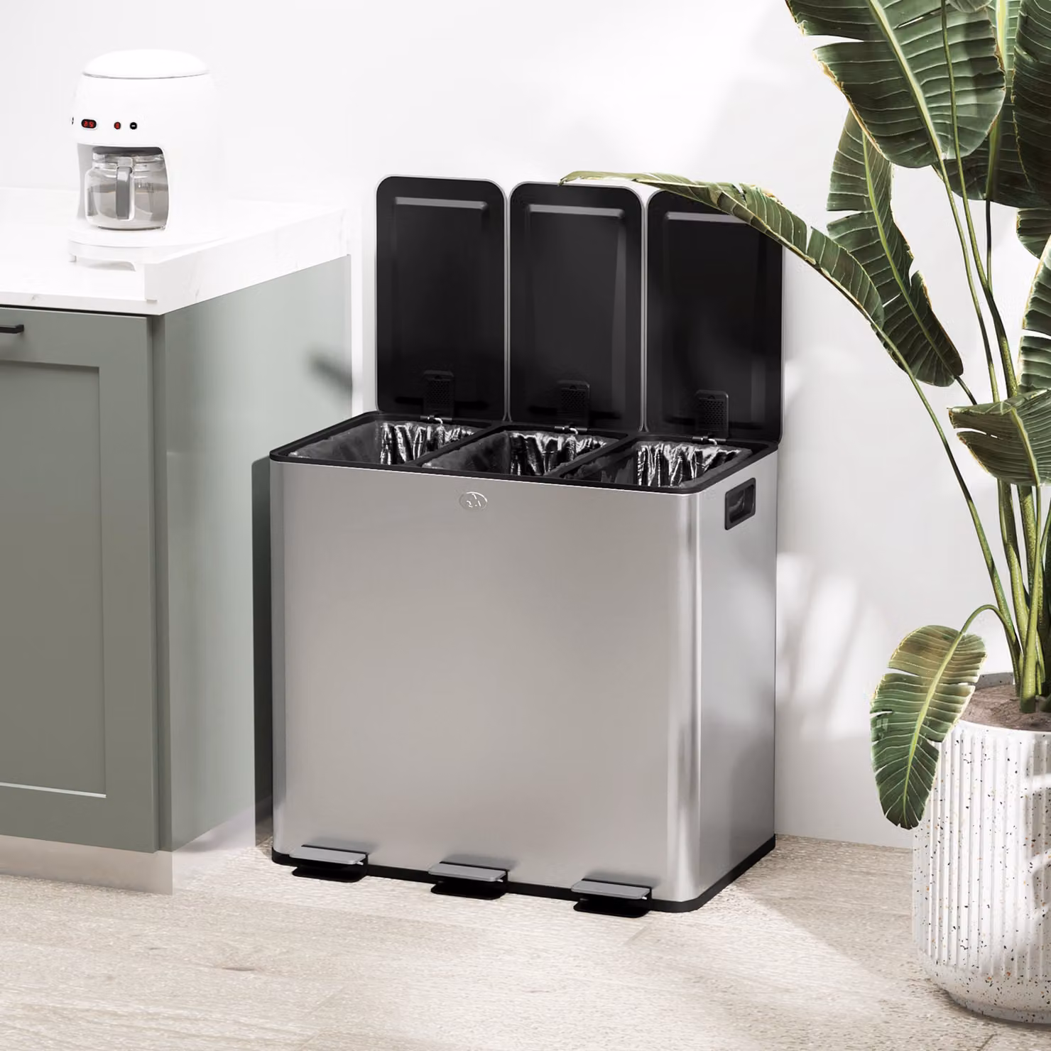 HOMCOM Triple Kitchen Pedal Bin, 3 x 15L Stainless Steel Silver Bin with Soft Close Lids and Removable Inner Buckets – 8