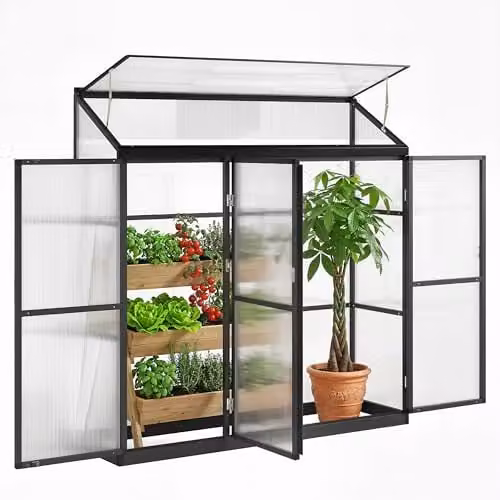 Outsunny Black Polycarbonate Lean-to Pent Greenhouse with 3 Hinged Doors and Top Vent, W/D/H: 182.88 x 45.72 x 180 cm