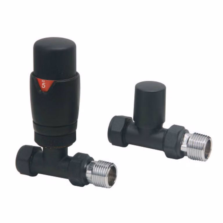 Arno Matt Black Round Valve Pair for Designer Straight Radiators