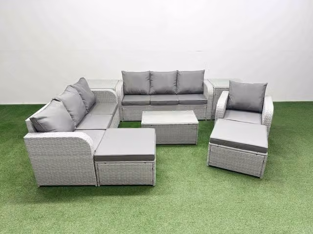 Fimous 9 Seater Poly Rattan Outdoor Garden Furniture Set in Grey with 3 Seater Sofas, Reclining Chairs, 2 Big Footstools and 2 Side Tables