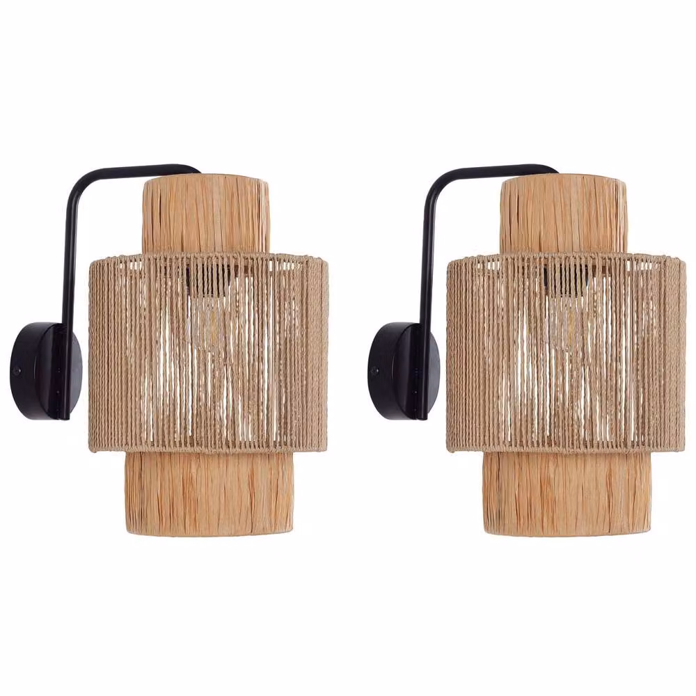 Wyld and Coco Set of 2 Natural Raffia Boho Wall Lamps in Beige – 2