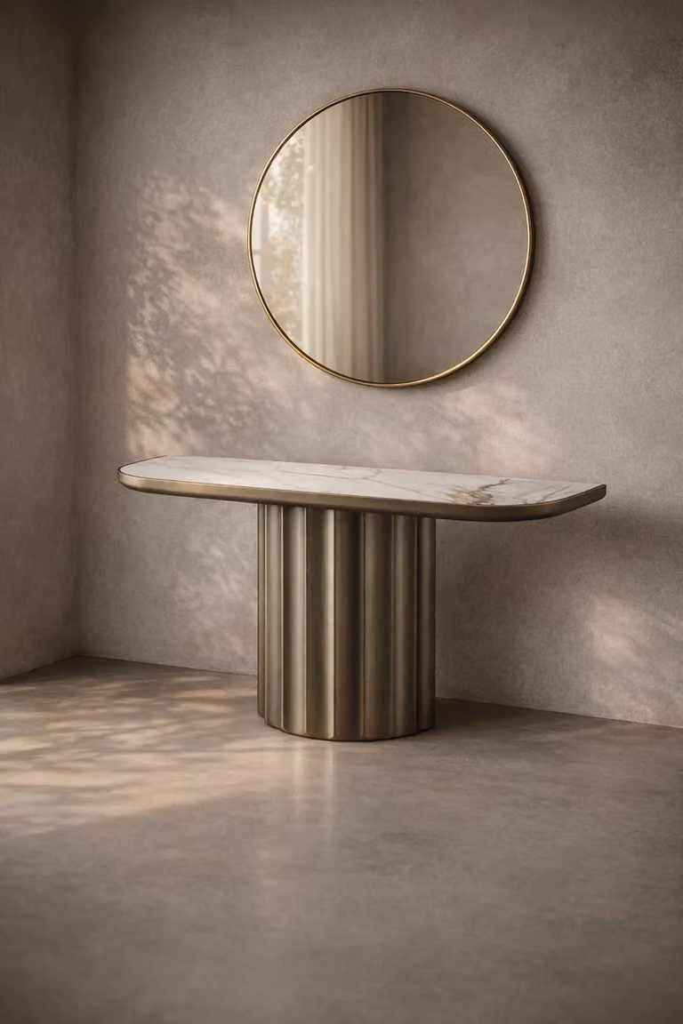 Tommy Franks Genio Modern Oval Ceramic Console Table in Gold, Bronze and White, W/D/H: 150 x 50 x 80 cm