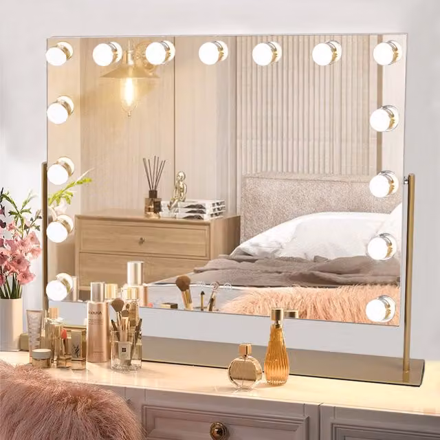 Livingandhome Large Hollywood LED Tabletop Vanity Mirror in Gold/Brass with Touch Control and Rotatable Design