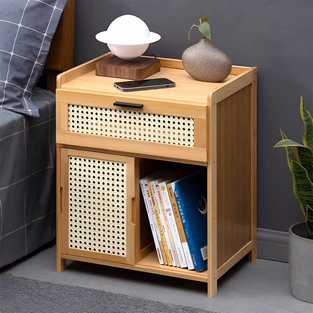 KORVIXA Natural Wood Bedside Table Cabinet with Storage Drawer in Brown – 5