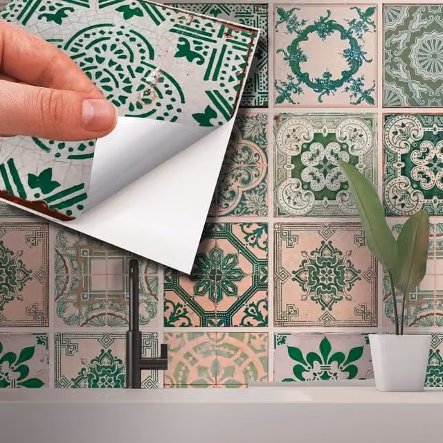 Walplus Wall Tile Stickers in Green and Grey, 15 x 15 x 15 cm, 24 Pack