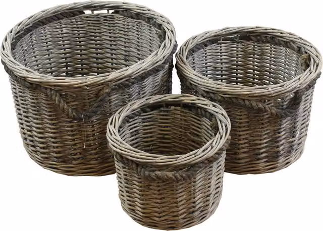 JVL Grey Natural Fibre Wicker Round Storage Basket