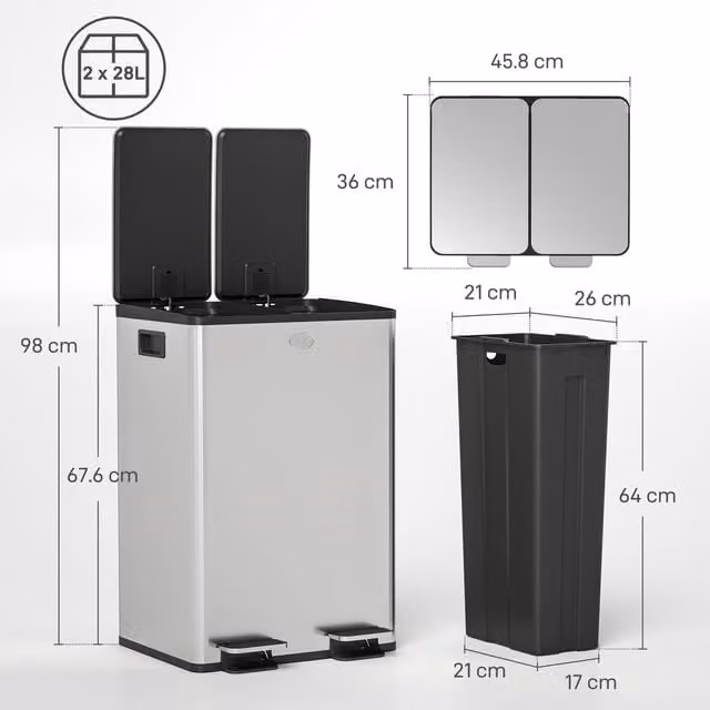 HOMCOM Dual Kitchen Pedal Bin with Removable Inner Buckets, 2 x 28L, Silver Stainless Steel