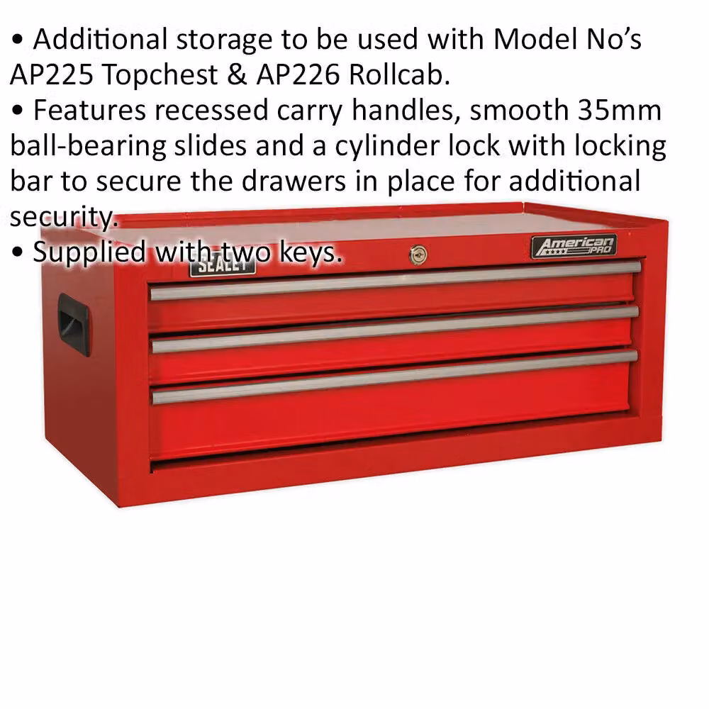 Loops Red 3 Drawer Lockable Mid-Box Tool Chest Storage Unit Cabinet W: 67.0 cm, D: 31.5 cm, H: 25.5 cm – 2