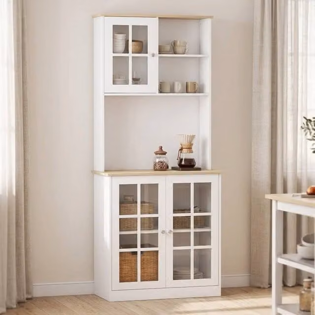 STILVORA Modern Freestanding Storage Cabinet with Glass Doors and Internal Shelves in Matt White