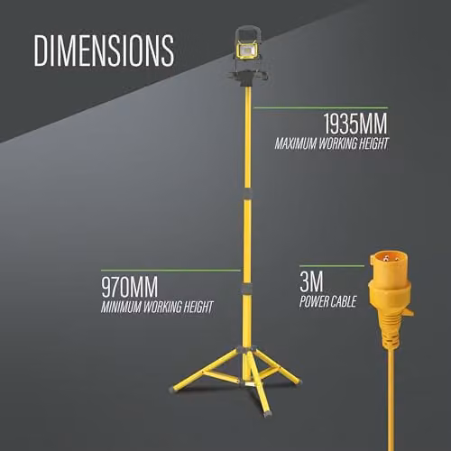 Lighthouse 2000 Single Site LED Work Light with 1.8m Collapsible Aluminium Tripod, 2000 Lumens, Yellow – 2