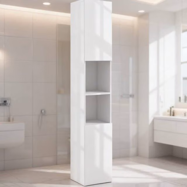 ERGOVEXA White Glossy Freestanding Bathroom Cabinet with Hinged Doors and Internal Shelves, W/D/H: 30 x 30 x 181.5 cm