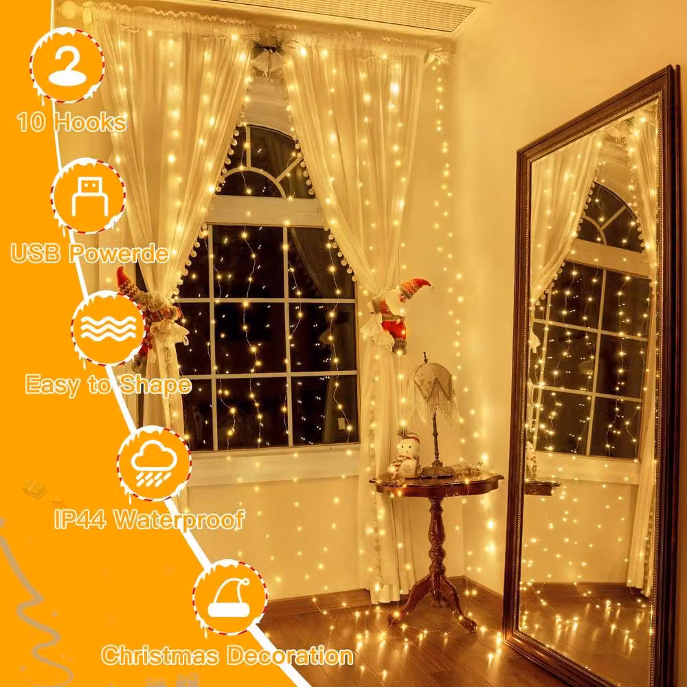 NIVOR LED Curtain Fairy Lights, 300 LEDs, Warm White, Clear, W/H: 3 x 3 m – 4