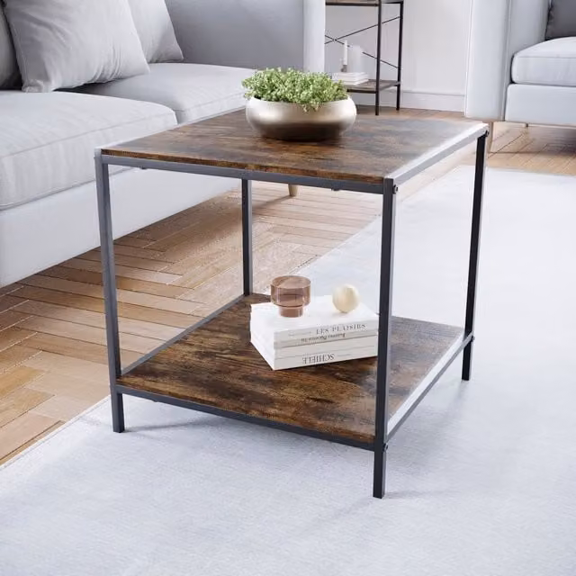 Vida Designs Brooklyn Industrial Square End Table in Brown Wood and Metal