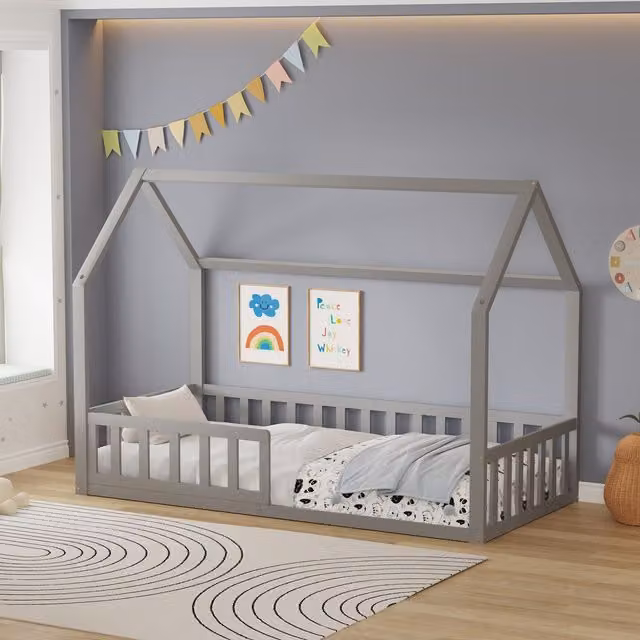 WestWood Solid Wood House-Shaped Montessori Toddler Bed Frame with Half-Length Guard Rail, Single, White or Grey, 90 x 190 cm – 1