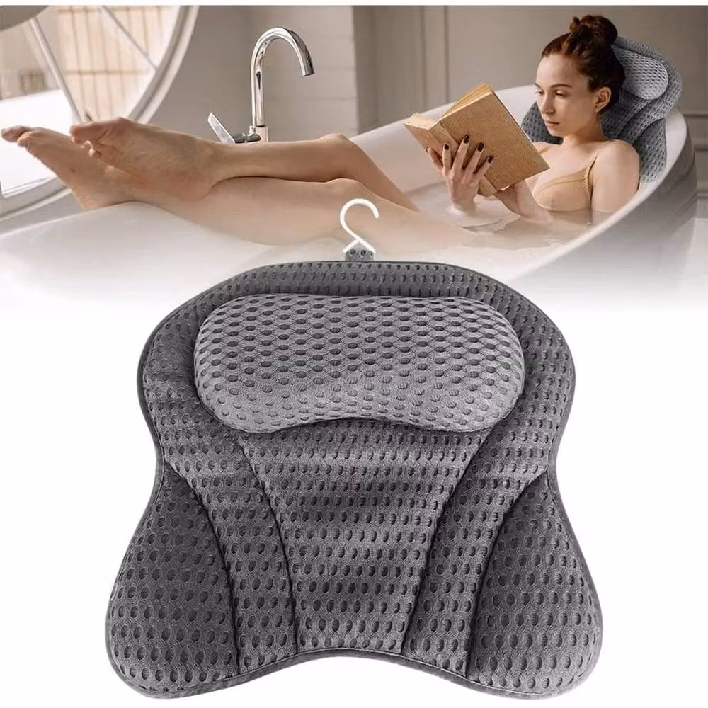 PAWNORA Luxury Waterproof Bath Pillow in Grey with Contoured 4D Breathable Mesh for Neck and Back Support – 3