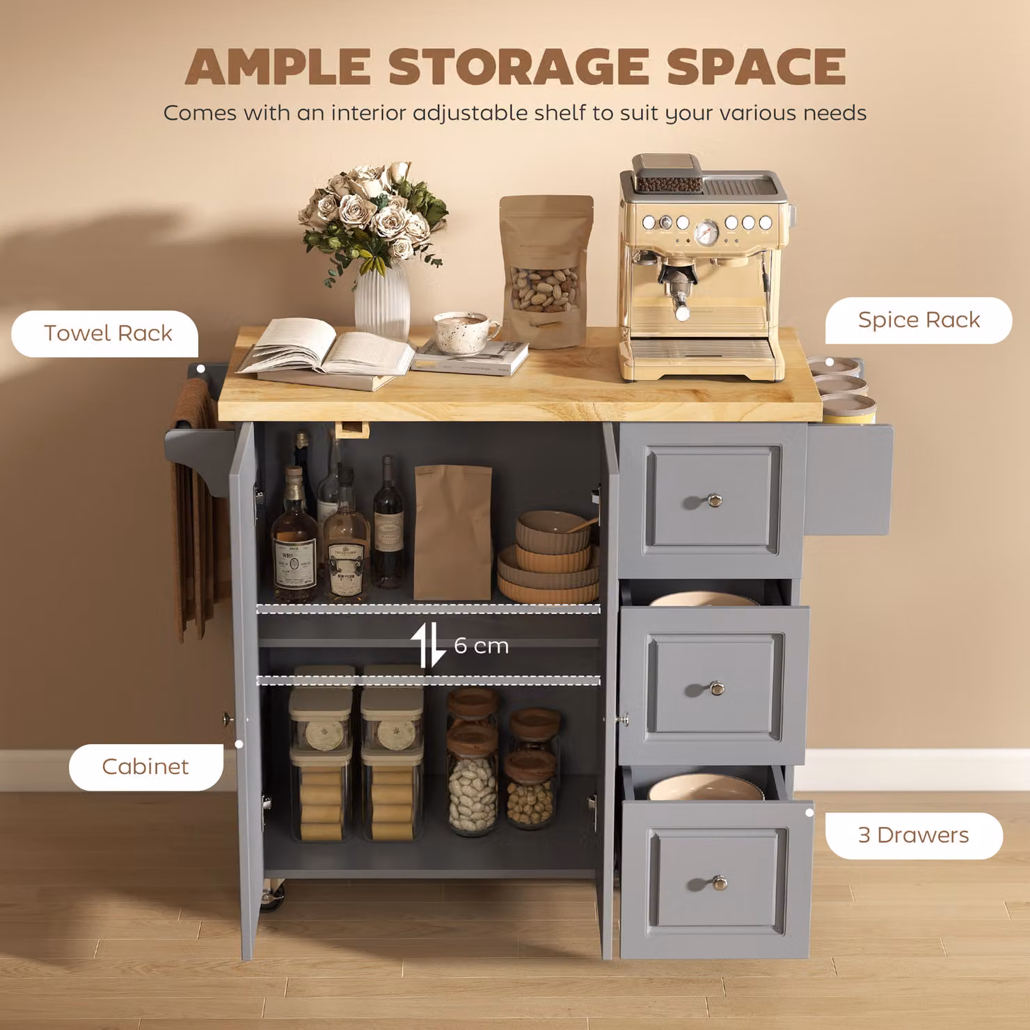 HOMCOM Grey Rolling Kitchen Island Trolley with Drop Leaf, Drawers, Towel and Spice Rack – 3