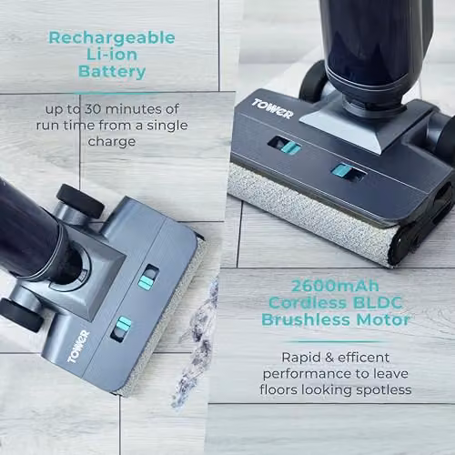 Tower T547003 Aquajet Pro Cordless Wet & Dry Hardfloor Cleaner in Titanium and Grey with LED Display and Edge Cleaning – 3