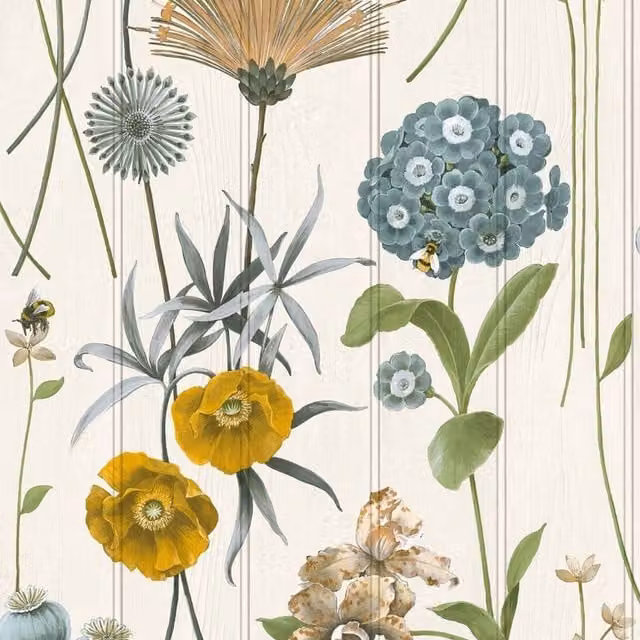 Belgravia Botanist Wood Panel Wallpaper in White and Multicolour